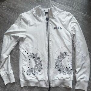 BCBGMaxAzria White Embellished Zip-Up Bomber Jacket